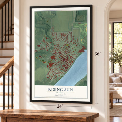 Rising Sun, Indiana map, 24 x 36 inch print in a black frame by a staircase