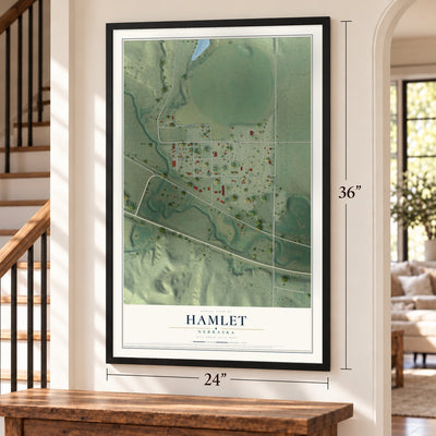 Hamlet, Nebraska map, 24 x 36 inch print in a black frame by a staircase