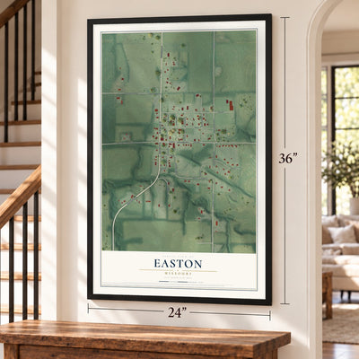 Easton, Missouri map, 24 x 36 inch print in a black frame by a staircase