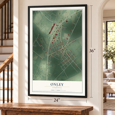 Onley, Virginia map, 24 x 36 inch print in a black frame by a staircase