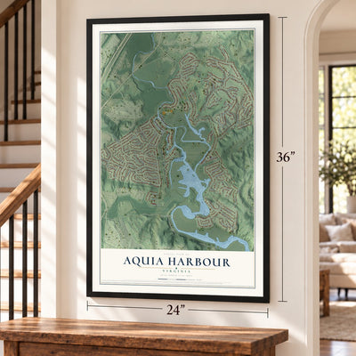 Aquia Harbour, Virginia map, 24 x 36 inch print in a black frame by a staircase