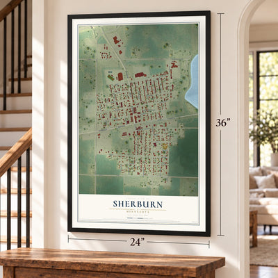 Sherburn, Minnesota map, 24 x 36 inch print in a black frame by a staircase