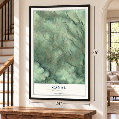 Canal, Pennsylvania map, 24 x 36 inch print in a black frame by a staircase