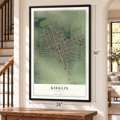 Kirklin, Indiana map, 24 x 36 inch print in a black frame by a staircase
