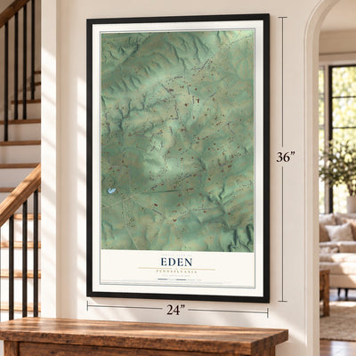 Eden, Pennsylvania map, 24 x 36 inch print in a black frame by a staircase