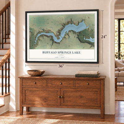 Buffalo Springs Lake, Texas map, 24 x 36 inch print in a black frame above a dresser by a staircase