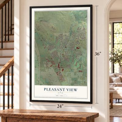 Pleasant View, Utah map, 24 x 36 inch print in a black frame by a staircase