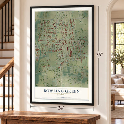 Bowling Green, Florida map, 24 x 36 inch print in a black frame by a staircase