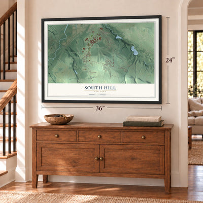 South Hill, New York map, 24 x 36 inch print in a black frame above a dresser by a staircase