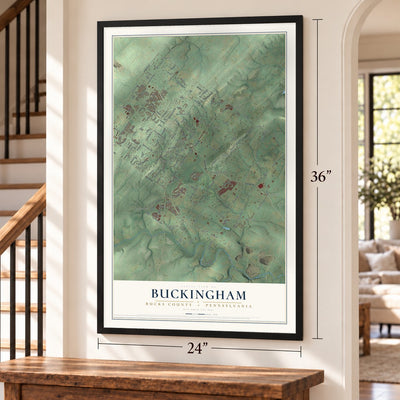 Buckingham, Bucks County, Pennsylvania map, 24 x 36 inch print in a black frame by a staircase
