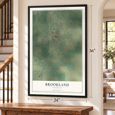 Brookland, Arkansas map, 24 x 36 inch print in a black frame by a staircase