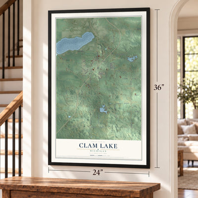 Clam Lake, Michigan map, 24 x 36 inch print in a black frame by a staircase