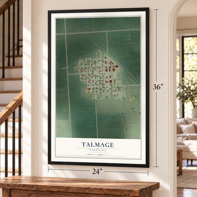 Talmage, Nebraska map, 24 x 36 inch print in a black frame by a staircase