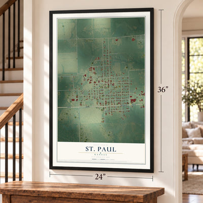 St. Paul, Kansas map, 24 x 36 inch print in a black frame by a staircase