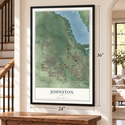 Johnston, Iowa map, 24 x 36 inch print in a black frame by a staircase