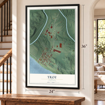 Troy, Indiana map, 24 x 36 inch print in a black frame by a staircase