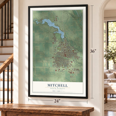 Mitchell, South Dakota map, 24 x 36 inch print in a black frame by a staircase