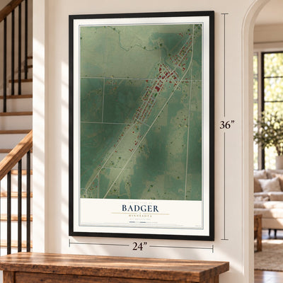 Badger, Minnesota map, 24 x 36 inch print in a black frame by a staircase