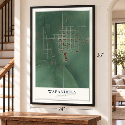 Wapanucka, Oklahoma map, 24 x 36 inch print in a black frame by a staircase