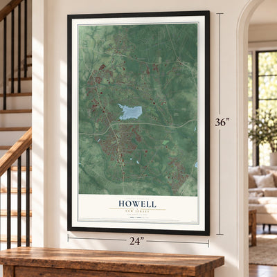 Howell, New Jersey map, 24 x 36 inch print in a black frame by a staircase