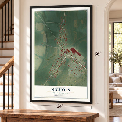 Nichols, South Carolina map, 24 x 36 inch print in a black frame by a staircase