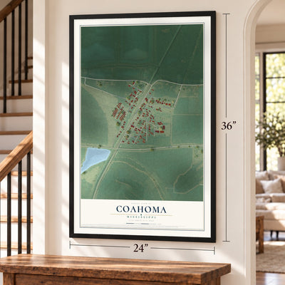 Coahoma, Mississippi map, 24 x 36 inch print in a black frame by a staircase