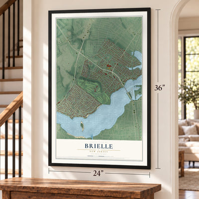 Brielle, New Jersey map, 24 x 36 inch print in a black frame by a staircase