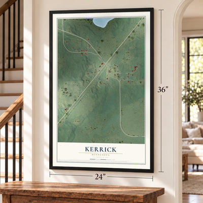 Kerrick, Minnesota map, 24 x 36 inch print in a black frame by a staircase