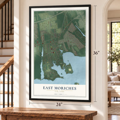 East Moriches, New York map, 24 x 36 inch print in a black frame by a staircase