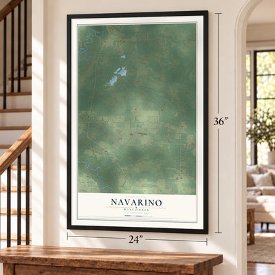 Navarino, Wisconsin map, 24 x 36 inch print in a black frame by a staircase