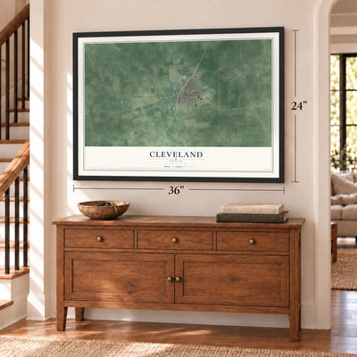 Cleveland, Texas map, 24 x 36 inch print in a black frame above a dresser by a staircase
