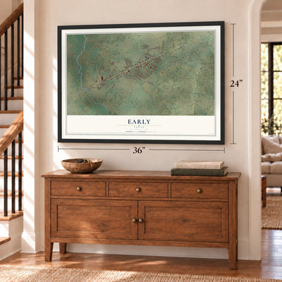 Early, Texas map, 24 x 36 inch print in a black frame above a dresser by a staircase