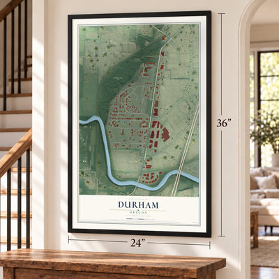 Durham, Oregon map, 24 x 36 inch print in a black frame by a staircase