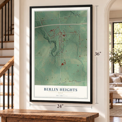 Berlin Heights, Ohio map, 24 x 36 inch print in a black frame by a staircase