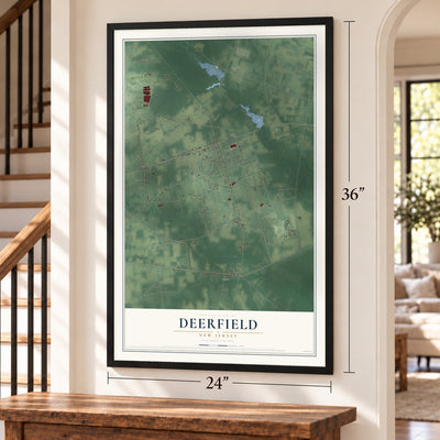Deerfield, New Jersey map, 24 x 36 inch print in a black frame by a staircase