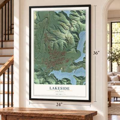 Lakeside, Oregon map, 24 x 36 inch print in a black frame by a staircase
