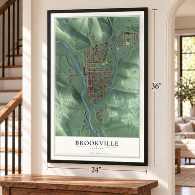 Brookville, Indiana map, 24 x 36 inch print in a black frame by a staircase