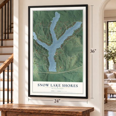Snow Lake Shores, Mississippi map, 24 x 36 inch print in a black frame by a staircase