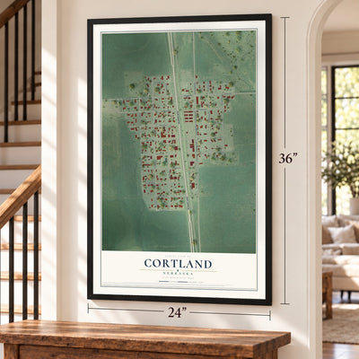 Cortland, Nebraska map, 24 x 36 inch print in a black frame by a staircase