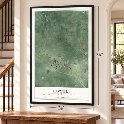 Howell, Livingston County, Michigan map, 24 x 36 inch print in a black frame by a staircase