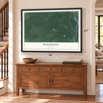 Weymouth, New Jersey map, 24 x 36 inch print in a black frame above a dresser by a staircase