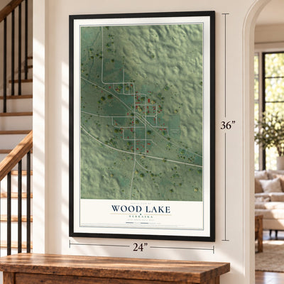 Wood Lake, Nebraska map, 24 x 36 inch print in a black frame by a staircase