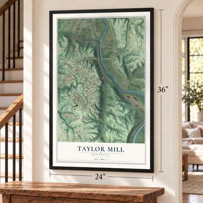 Taylor Mill, Kentucky map, 24 x 36 inch print in a black frame by a staircase