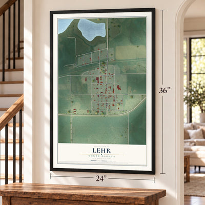 Lehr, North Dakota map, 24 x 36 inch print in a black frame by a staircase