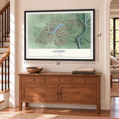 Landen, Ohio map, 24 x 36 inch print in a black frame above a dresser by a staircase