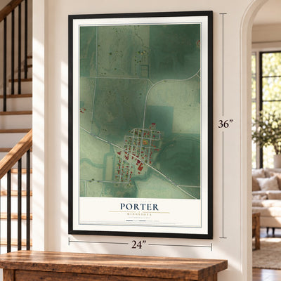 Porter, Minnesota map, 24 x 36 inch print in a black frame by a staircase