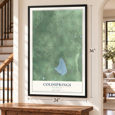 Coldsprings, Michigan map, 24 x 36 inch print in a black frame by a staircase