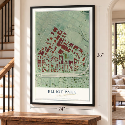 Elliot Park, Minnesota map, 24 x 36 inch print in a black frame by a staircase