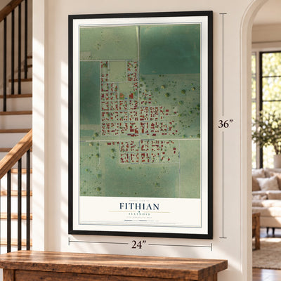 Fithian, Illinois map, 24 x 36 inch print in a black frame by a staircase