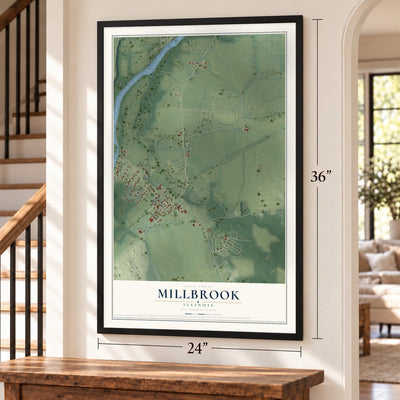 Millbrook, Illinois map, 24 x 36 inch print in a black frame by a staircase